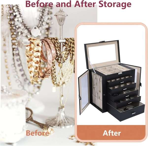 6 Layer Large Jewelry Boxes With Mirror，Multifunctional 5 Drawers Jewelry Box Organizer with 2 Glass Door for Necklace Organizing (Black) - 7