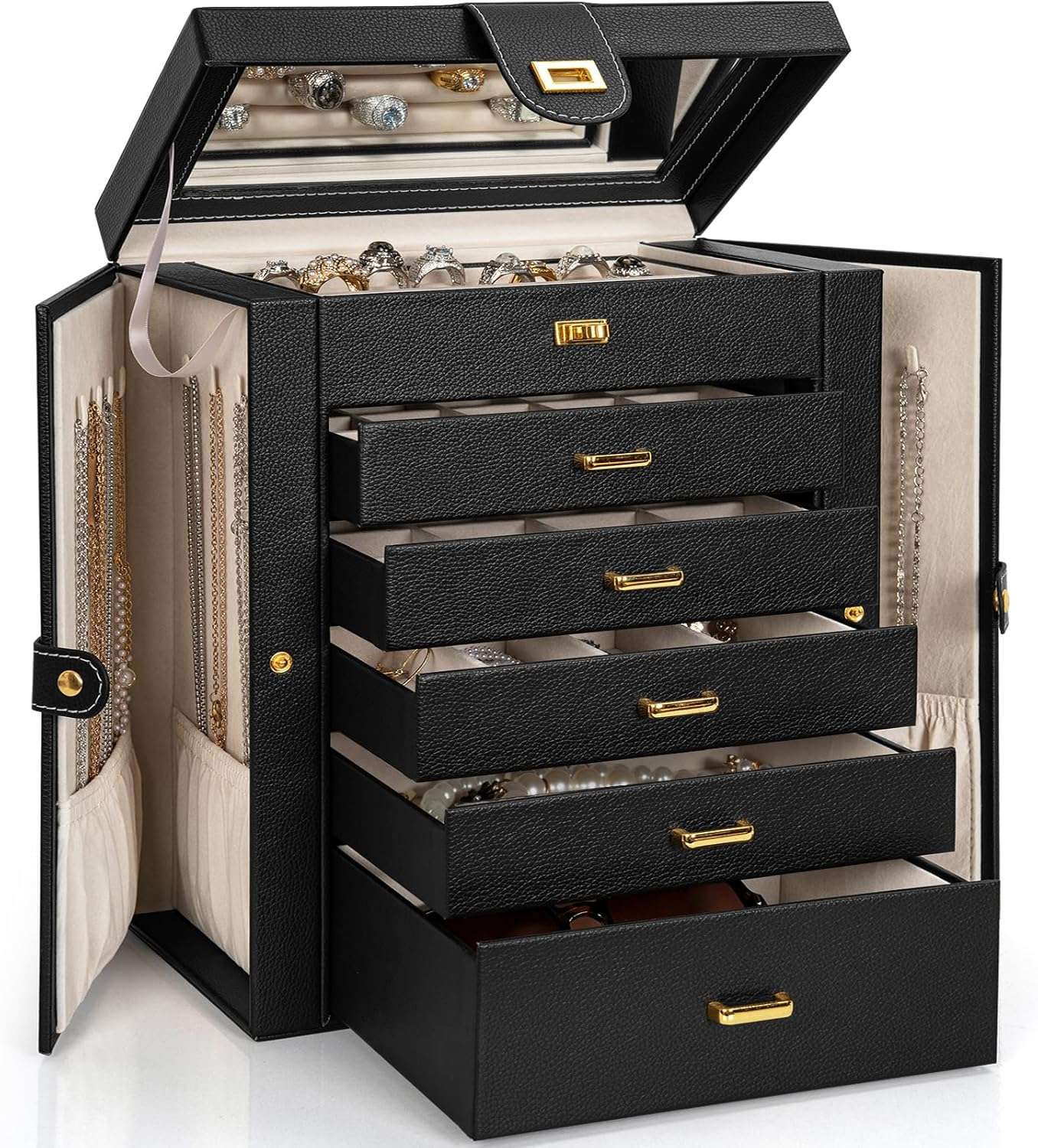 AKOZLIN Huge Jewelry Box Organizer Functional Lockable, Large Leather Jewelry Storage Case for Women Girls Ring Necklace Earring Bracelet Holder Organizer with Mirror - 1