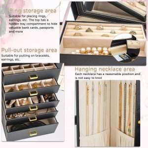 AKOZLIN Huge Jewelry Box Organizer Functional Lockable, Large Leather Jewelry Storage Case for Women Girls Ring Necklace Earring Bracelet Holder Organizer with Mirror - 3
