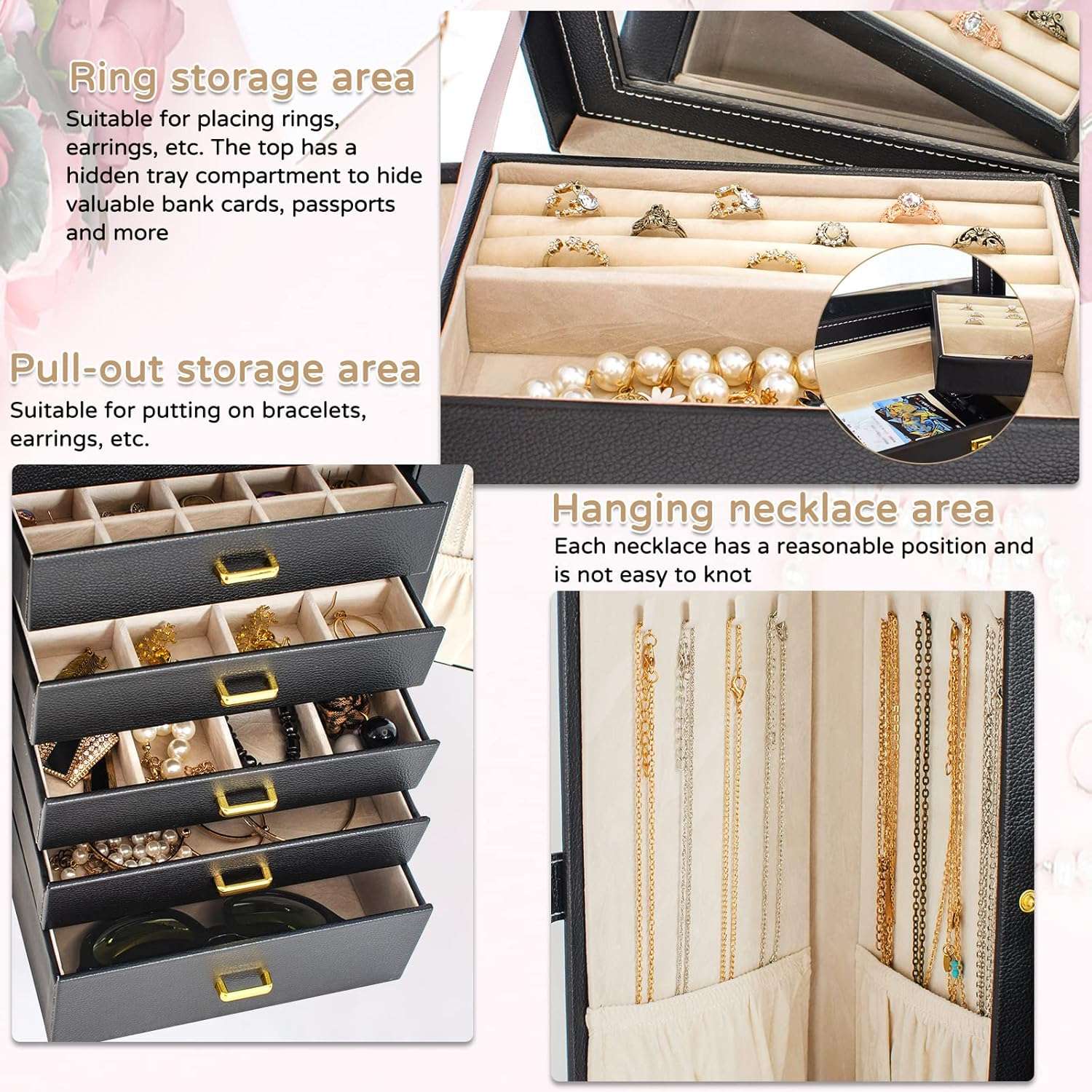 AKOZLIN Huge Jewelry Box Organizer Functional Lockable, Large Leather Jewelry Storage Case for Women Girls Ring Necklace Earring Bracelet Holder Organizer with Mirror - 3