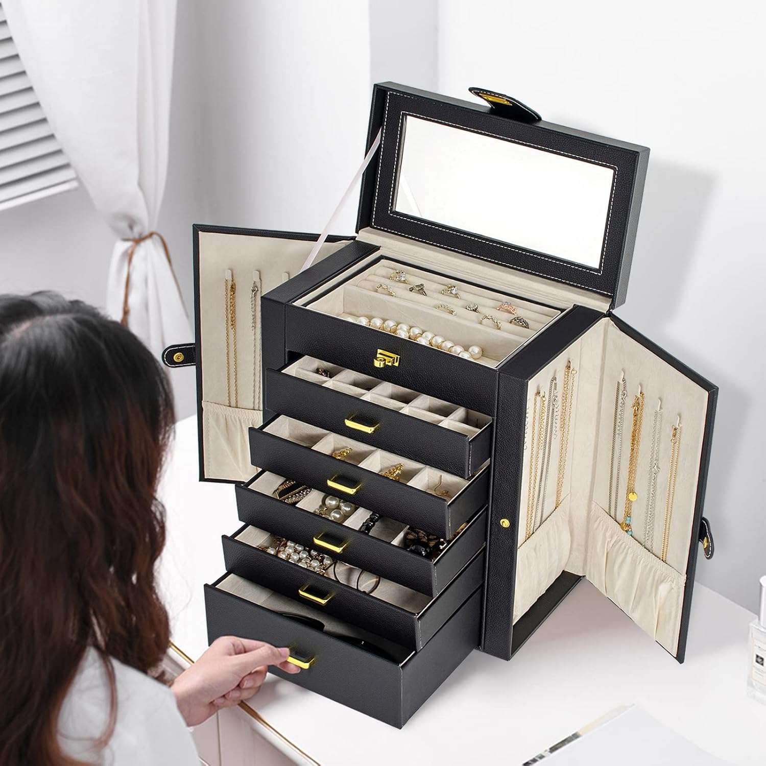AKOZLIN Huge Jewelry Box Organizer Functional Lockable, Large Leather Jewelry Storage Case for Women Girls Ring Necklace Earring Bracelet Holder Organizer with Mirror - 8