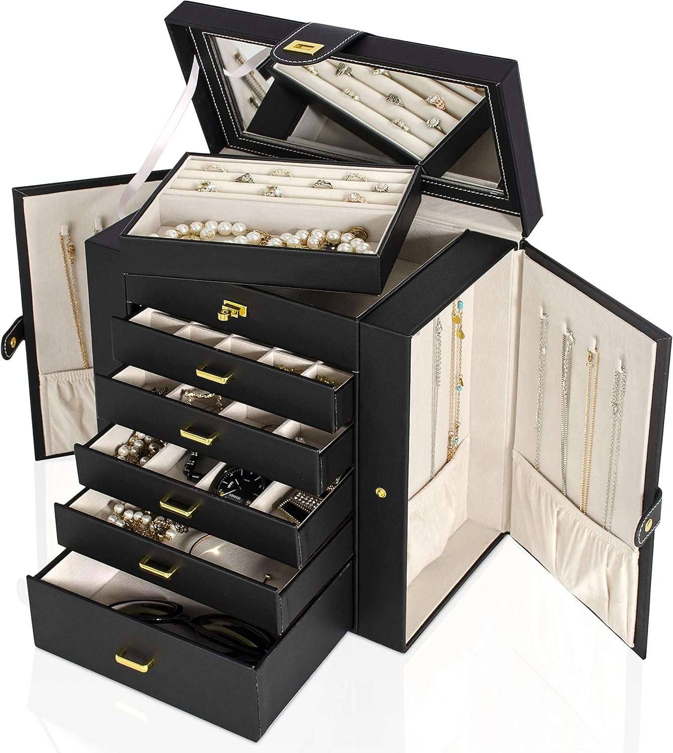 AKOZLIN Huge Jewelry Box Organizer Functional Lockable, Large Leather Jewelry Storage Case for Women Girls Ring Necklace Earring Bracelet Holder Organizer with Mirror - 9