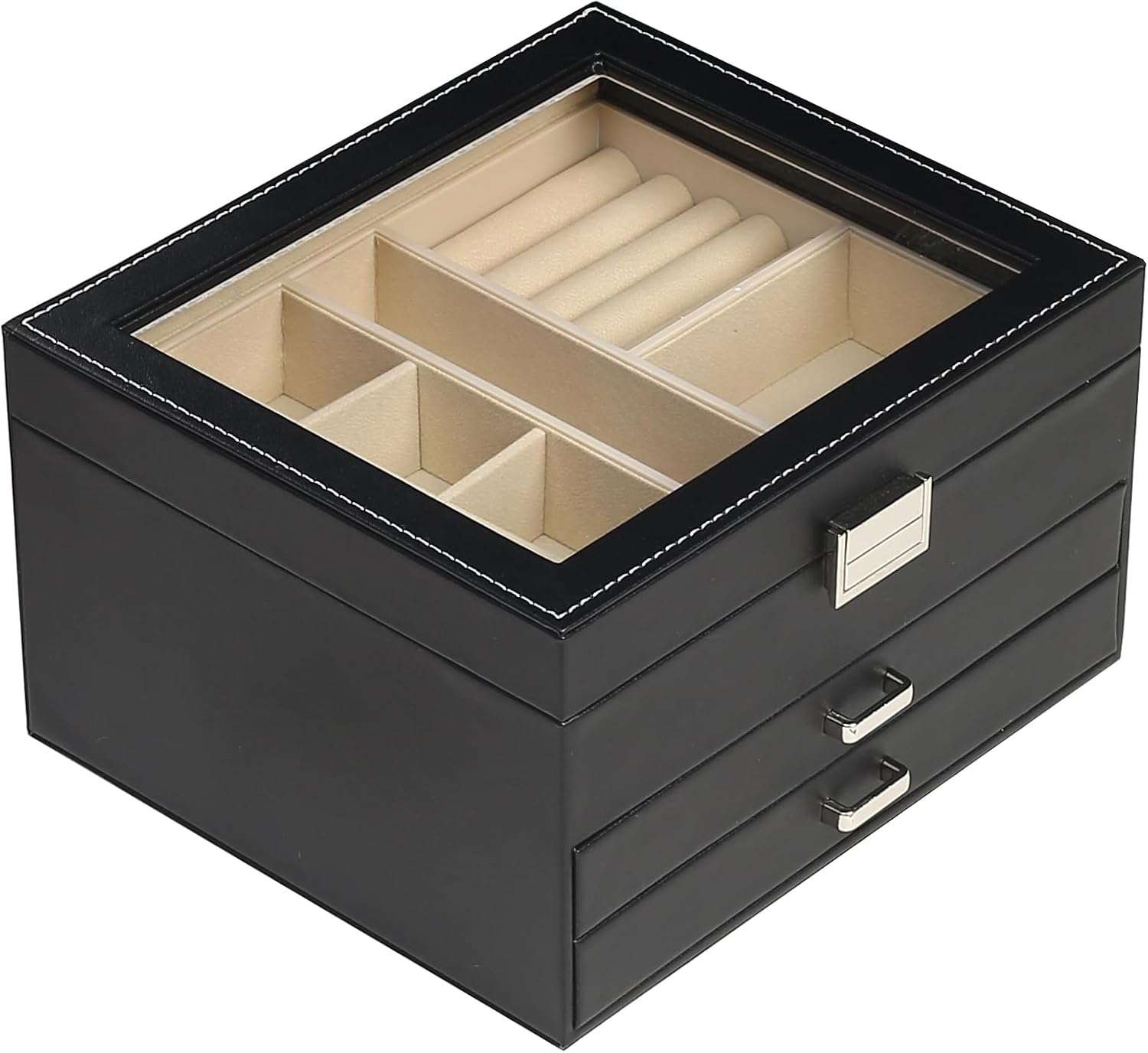 BOOVO Clear Lid Jewelry Box,3 Layers Jewelry Organizer Large Multi-Functional Jewelry Storage Box with 2 Drawers,Jewelry Display Case of Rings Earrings Necklace Bracelets for Women Girls - 1