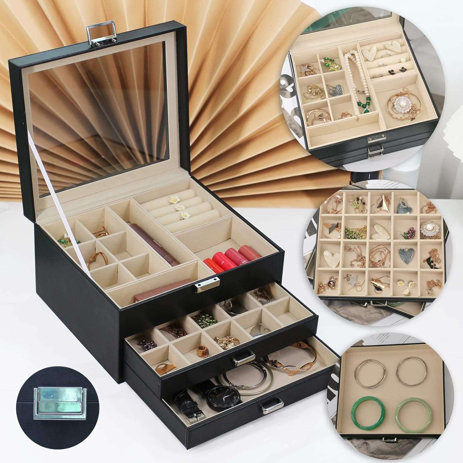 BOOVO Clear Lid Jewelry Box,3 Layers Jewelry Organizer Large Multi-Functional Jewelry Storage Box with 2 Drawers,Jewelry Display Case of Rings Earrings Necklace Bracelets for Women Girls - 2