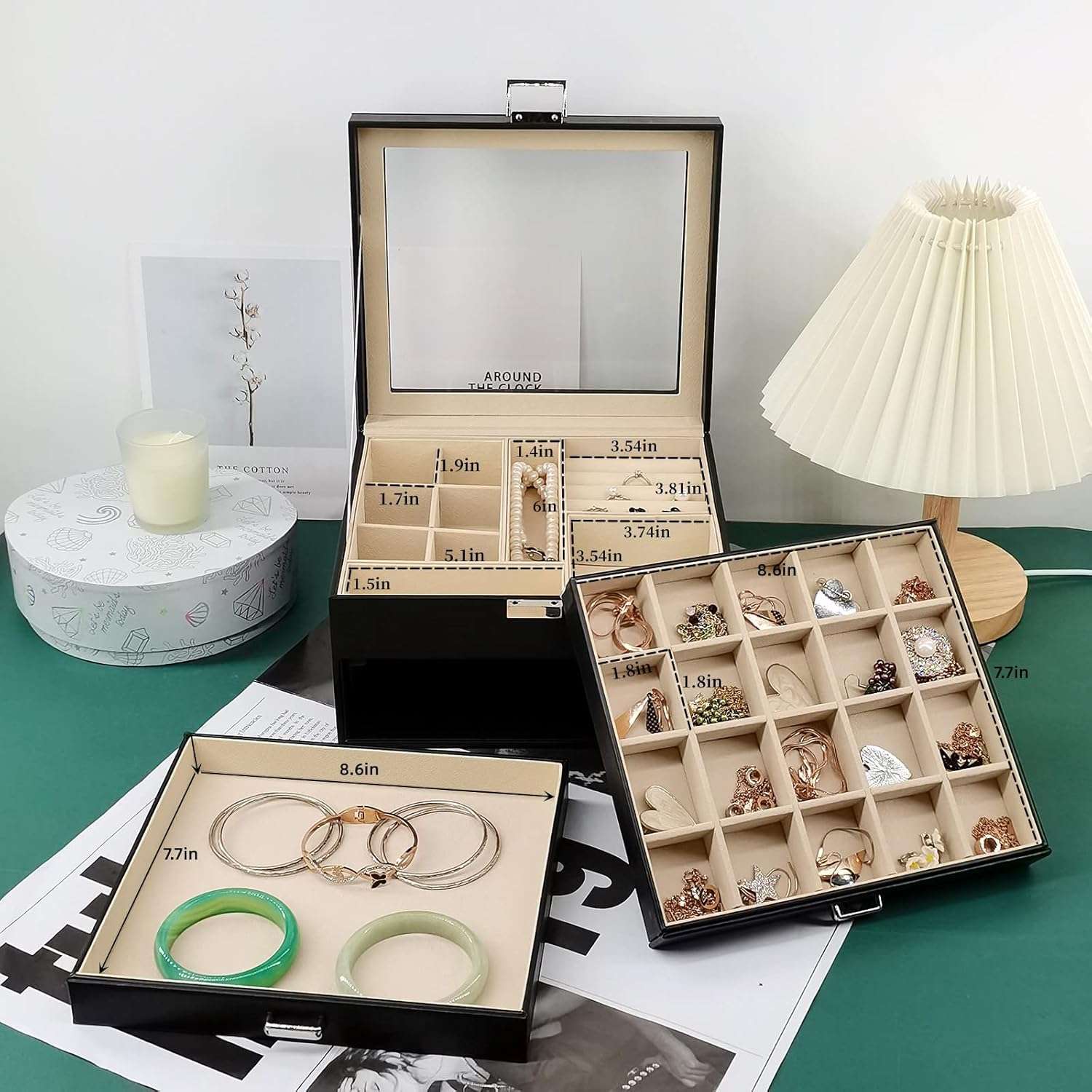 BOOVO Clear Lid Jewelry Box,3 Layers Jewelry Organizer Large Multi-Functional Jewelry Storage Box with 2 Drawers,Jewelry Display Case of Rings Earrings Necklace Bracelets for Women Girls - 3