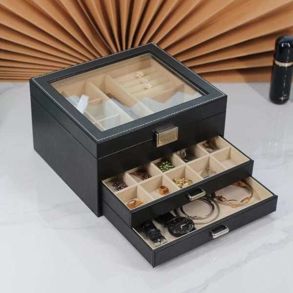BOOVO Clear Lid Jewelry Box,3 Layers Jewelry Organizer Large Multi-Functional Jewelry Storage Box with 2 Drawers,Jewelry Display Case of Rings Earrings Necklace Bracelets for Women Girls - 4