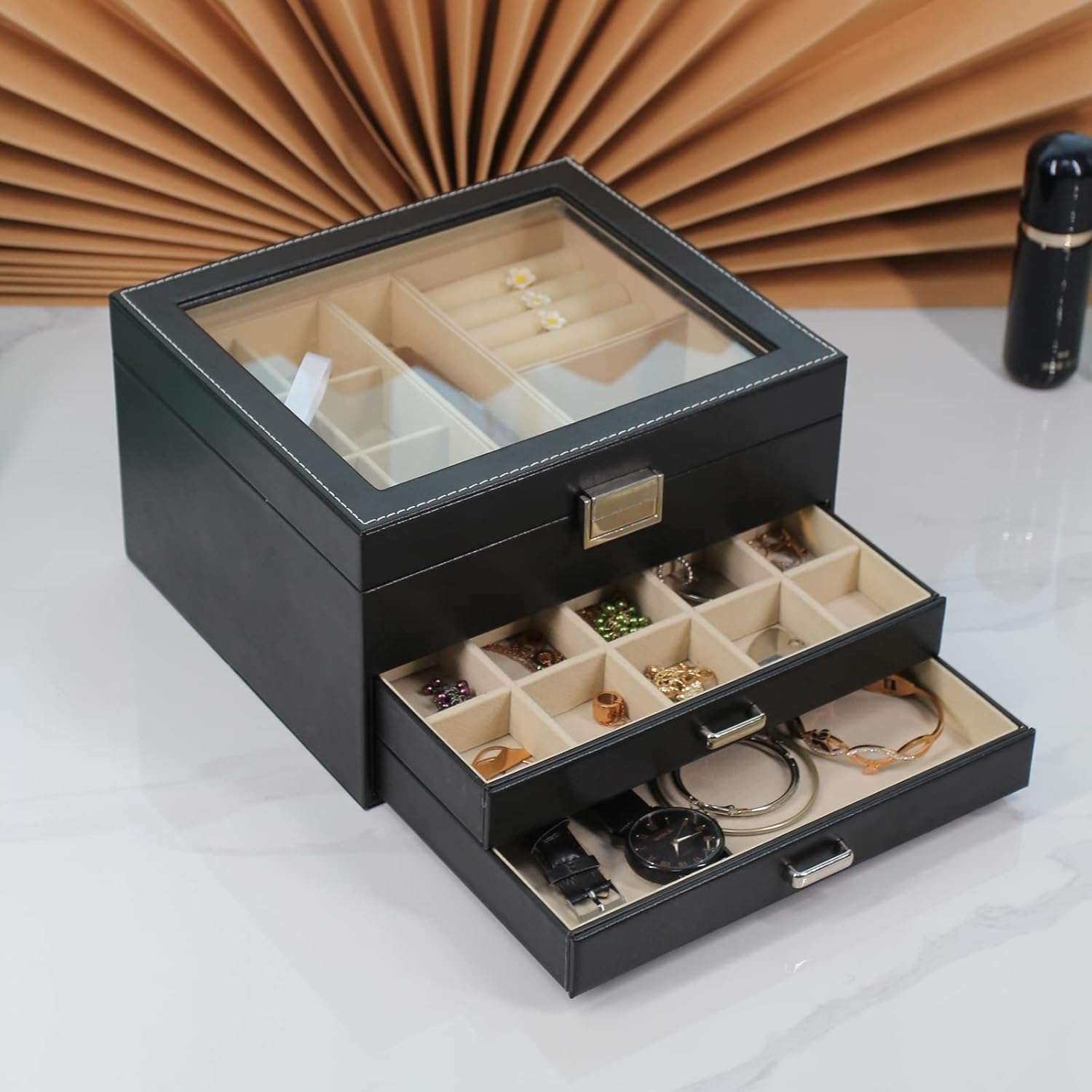 BOOVO Clear Lid Jewelry Box,3 Layers Jewelry Organizer Large Multi-Functional Jewelry Storage Box with 2 Drawers,Jewelry Display Case of Rings Earrings Necklace Bracelets for Women Girls - 4