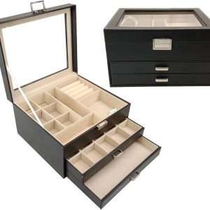 BOOVO Clear Lid Jewelry Box,3 Layers Jewelry Organizer Large Multi-Functional Jewelry Storage Box with 2 Drawers,Jewelry Display Case of Rings Earrings Necklace Bracelets for Women Girls - 5