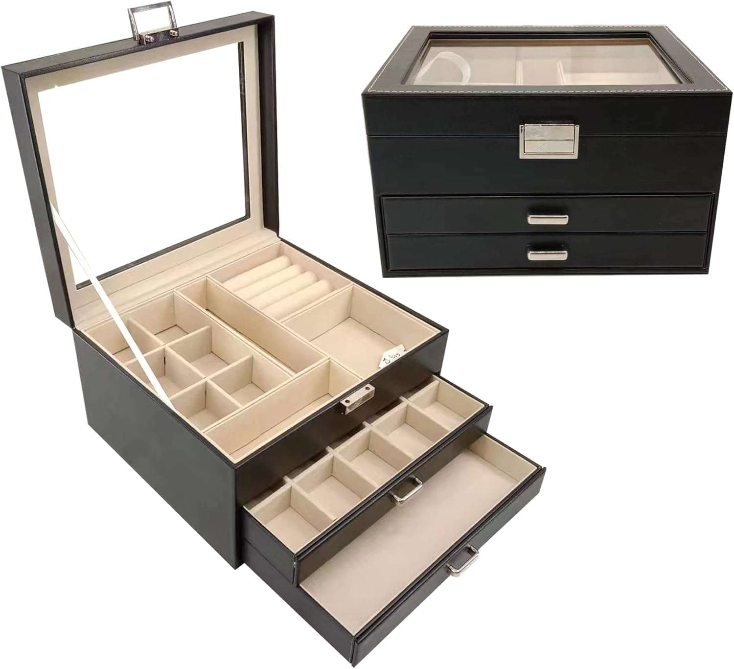 BOOVO Clear Lid Jewelry Box,3 Layers Jewelry Organizer Large Multi-Functional Jewelry Storage Box with 2 Drawers,Jewelry Display Case of Rings Earrings Necklace Bracelets for Women Girls - 5