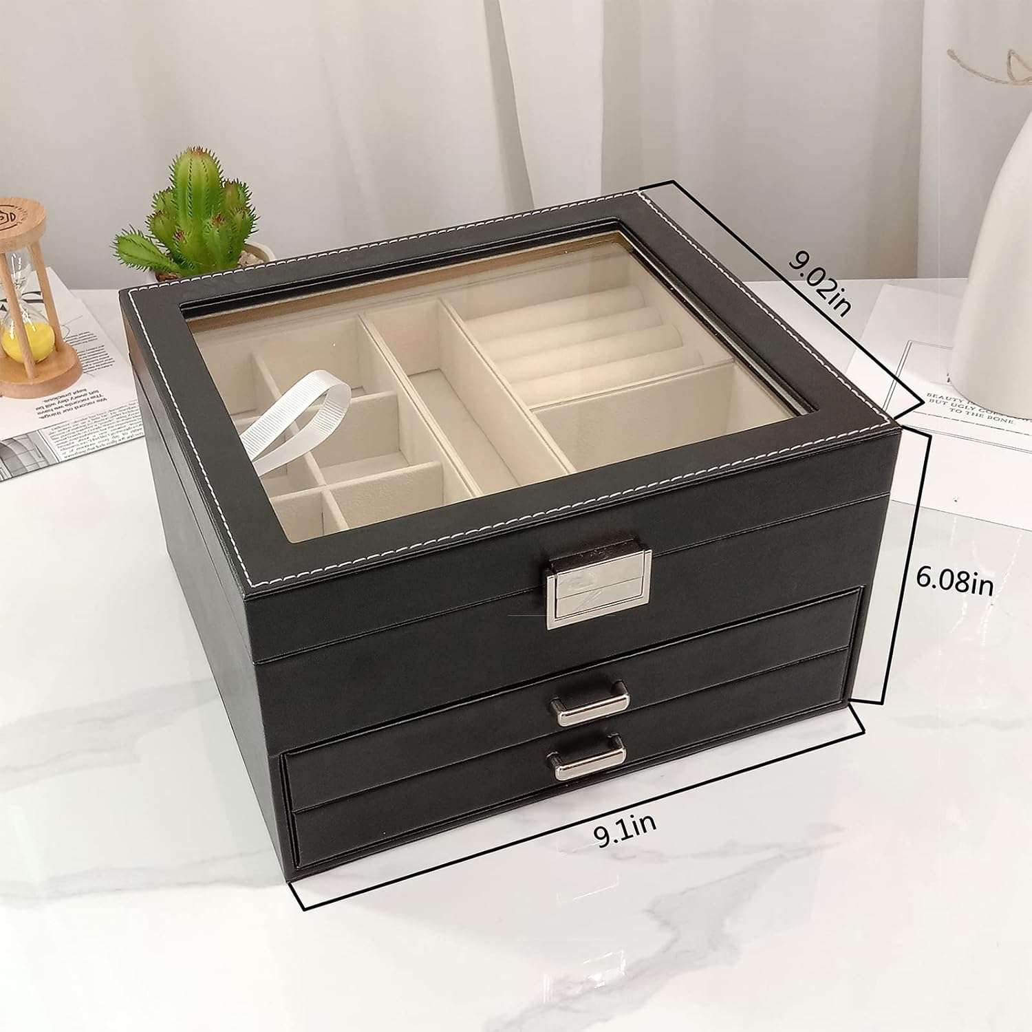 BOOVO Clear Lid Jewelry Box,3 Layers Jewelry Organizer Large Multi-Functional Jewelry Storage Box with 2 Drawers,Jewelry Display Case of Rings Earrings Necklace Bracelets for Women Girls - 6