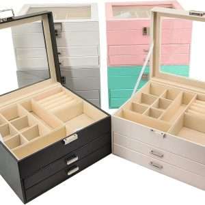 BOOVO Clear Lid Jewelry Box,3 Layers Jewelry Organizer Large Multi-Functional Jewelry Storage Box with 2 Drawers,Jewelry Display Case of Rings Earrings Necklace Bracelets for Women Girls - 7