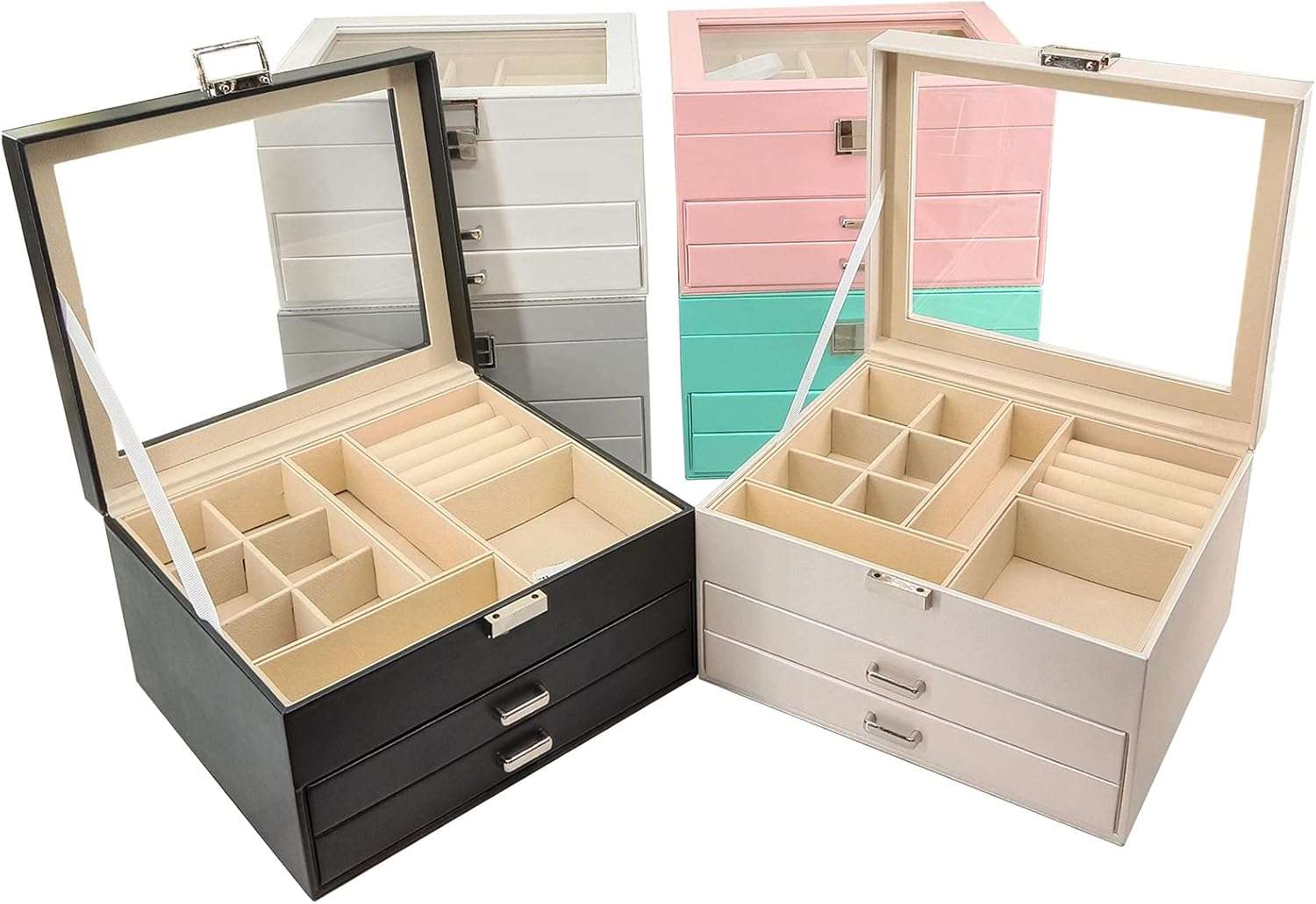 BOOVO Clear Lid Jewelry Box,3 Layers Jewelry Organizer Large Multi-Functional Jewelry Storage Box with 2 Drawers,Jewelry Display Case of Rings Earrings Necklace Bracelets for Women Girls - 7