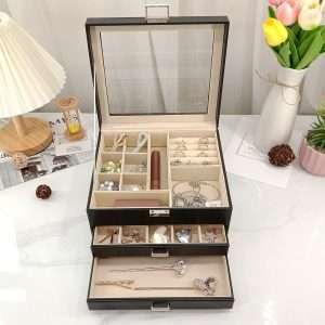 BOOVO Clear Lid Jewelry Box,3 Layers Jewelry Organizer Large Multi-Functional Jewelry Storage Box with 2 Drawers,Jewelry Display Case of Rings Earrings Necklace Bracelets for Women Girls - 8