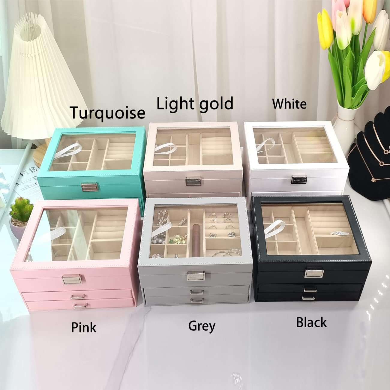 BOOVO Clear Lid Jewelry Box,3 Layers Jewelry Organizer Large Multi-Functional Jewelry Storage Box with 2 Drawers,Jewelry Display Case of Rings Earrings Necklace Bracelets for Women Girls - 9