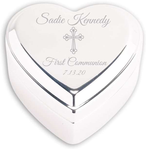Cherished Moments Personalized Heart Jewelry Keepsake Box with Custom Engraved Cross and Name for First Communion Gift for Girls, Silver Toned - 1