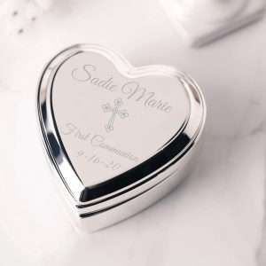 Cherished Moments Personalized Heart Jewelry Keepsake Box with Custom Engraved Cross and Name for First Communion Gift for Girls, Silver Toned - 2
