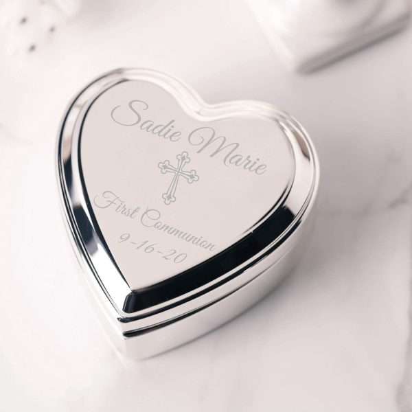 Cherished Moments Personalized Heart Jewelry Keepsake Box with Custom Engraved Cross and Name for First Communion Gift for Girls, Silver Toned - 2