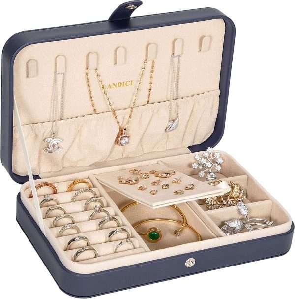 LANDICI Small Jewelry Box for Women Girls, PU Leather Travel Jewelry Case, Portable Jewelry Organizer Storage Holder Display for Ring Earrings Necklace Bracelet Bangle Men Kids Gift, Dark Blue - 1