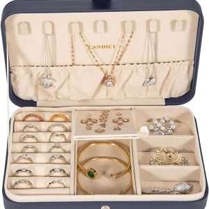 LANDICI Small Jewelry Box for Women Girls, PU Leather Travel Jewelry Case, Portable Jewelry Organizer Storage Holder Display for Ring Earrings Necklace Bracelet Bangle Men Kids Gift, Dark Blue - 2