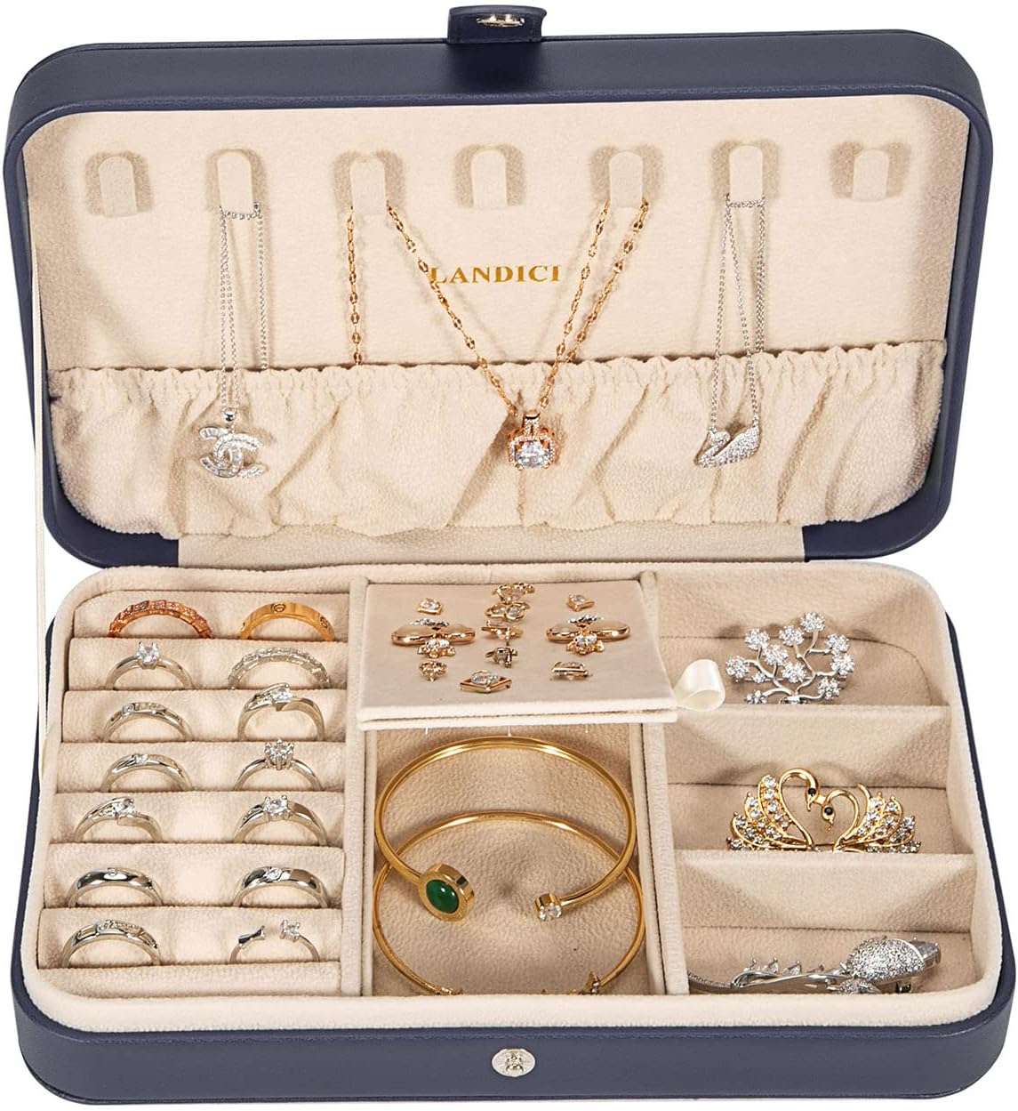LANDICI Small Jewelry Box for Women Girls, PU Leather Travel Jewelry Case, Portable Jewelry Organizer Storage Holder Display for Ring Earrings Necklace Bracelet Bangle Men Kids Gift, Dark Blue - 2