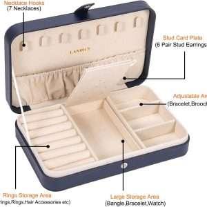 LANDICI Small Jewelry Box for Women Girls, PU Leather Travel Jewelry Case, Portable Jewelry Organizer Storage Holder Display for Ring Earrings Necklace Bracelet Bangle Men Kids Gift, Dark Blue - 3