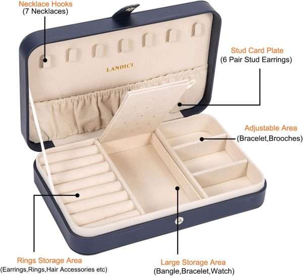 LANDICI Small Jewelry Box for Women Girls, PU Leather Travel Jewelry Case, Portable Jewelry Organizer Storage Holder Display for Ring Earrings Necklace Bracelet Bangle Men Kids Gift, Dark Blue - 3