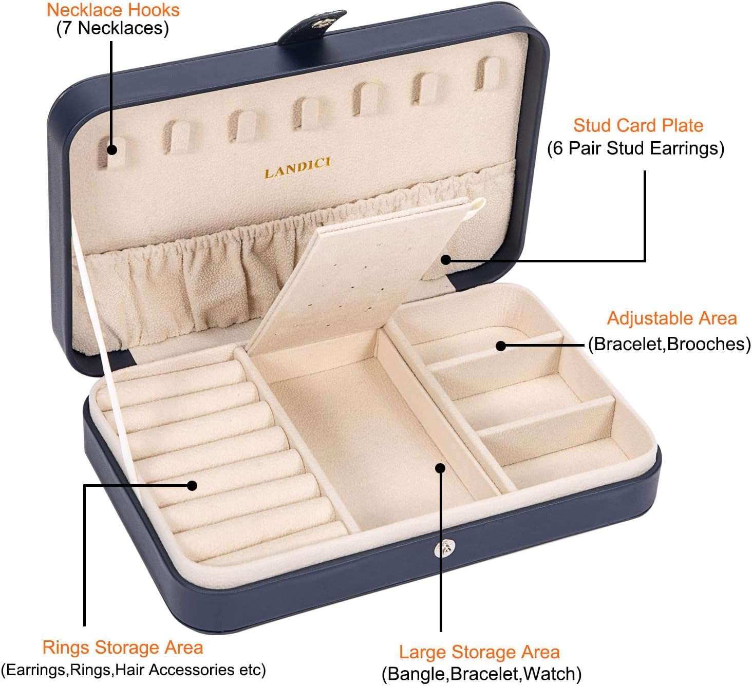 LANDICI Small Jewelry Box for Women Girls, PU Leather Travel Jewelry Case, Portable Jewelry Organizer Storage Holder Display for Ring Earrings Necklace Bracelet Bangle Men Kids Gift, Dark Blue - 3