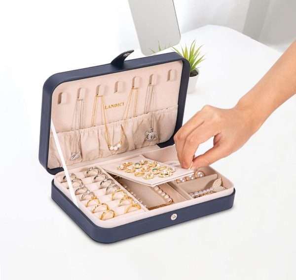 LANDICI Small Jewelry Box for Women Girls, PU Leather Travel Jewelry Case, Portable Jewelry Organizer Storage Holder Display for Ring Earrings Necklace Bracelet Bangle Men Kids Gift, Dark Blue - 5