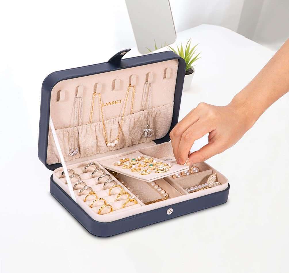 LANDICI Small Jewelry Box for Women Girls, PU Leather Travel Jewelry Case, Portable Jewelry Organizer Storage Holder Display for Ring Earrings Necklace Bracelet Bangle Men Kids Gift, Dark Blue - 5