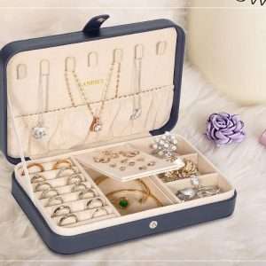 LANDICI Small Jewelry Box for Women Girls, PU Leather Travel Jewelry Case, Portable Jewelry Organizer Storage Holder Display for Ring Earrings Necklace Bracelet Bangle Men Kids Gift, Dark Blue - 8