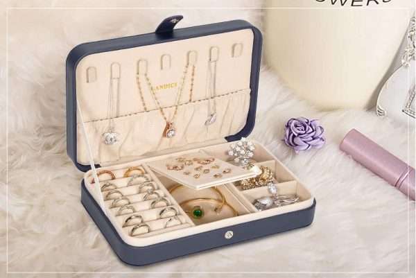 LANDICI Small Jewelry Box for Women Girls, PU Leather Travel Jewelry Case, Portable Jewelry Organizer Storage Holder Display for Ring Earrings Necklace Bracelet Bangle Men Kids Gift, Dark Blue - 8