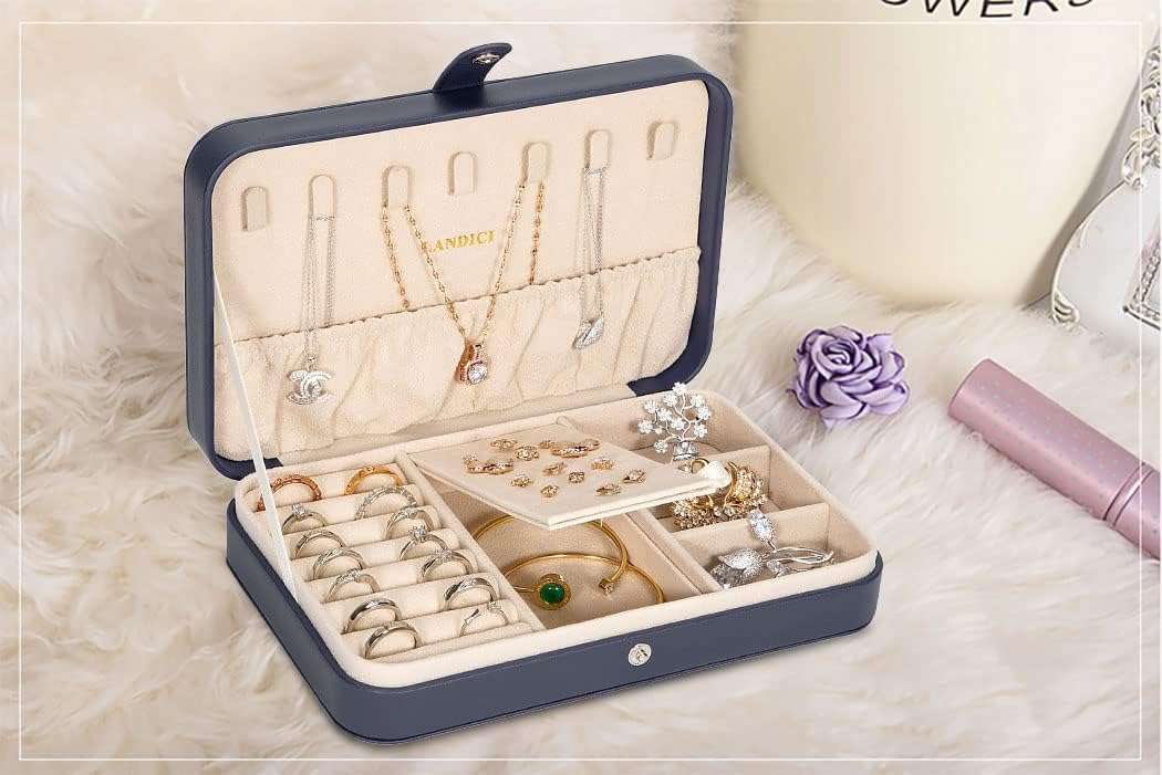 LANDICI Small Jewelry Box for Women Girls, PU Leather Travel Jewelry Case, Portable Jewelry Organizer Storage Holder Display for Ring Earrings Necklace Bracelet Bangle Men Kids Gift, Dark Blue - 8
