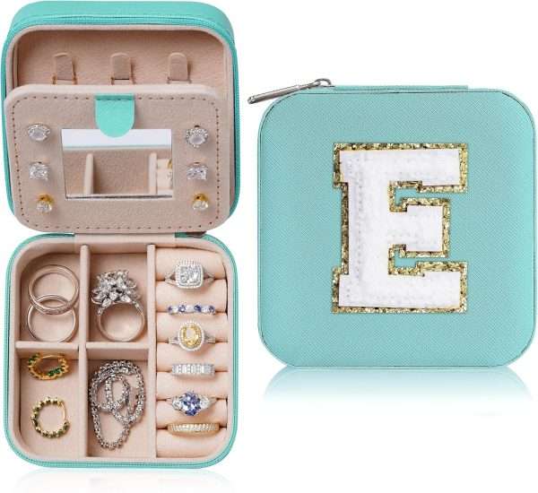 Parima Gifts List 2025 Ideas - Personalized Initial Travel Jewelry Case, 4 5 6 7 8 9 10 11 12 Year Old Girl Birthday Gifts for Daughter Granddaughter - Letter E, Aqua Blue - 1