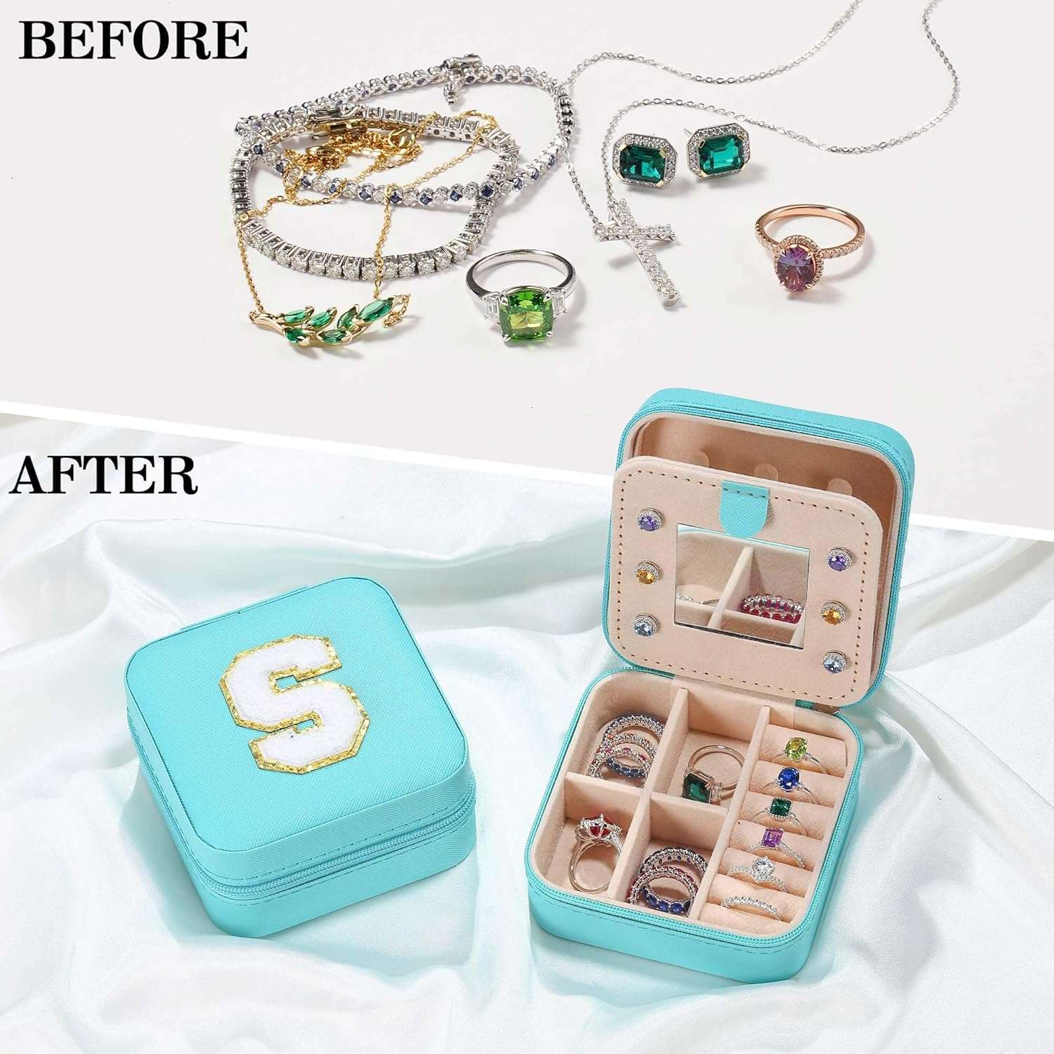 Parima Gifts List 2025 Ideas - Personalized Initial Travel Jewelry Case, 4 5 6 7 8 9 10 11 12 Year Old Girl Birthday Gifts for Daughter Granddaughter - Letter E, Aqua Blue - 2
