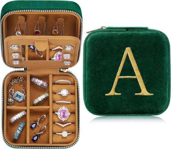 Parima Gifts for Her - Gifts for Women, Plush Velvet Travel Jewelry Case, Small Jewelry Box, Birthday Gift for Women Her, Personalized Gifts - Letter A, Green - 1