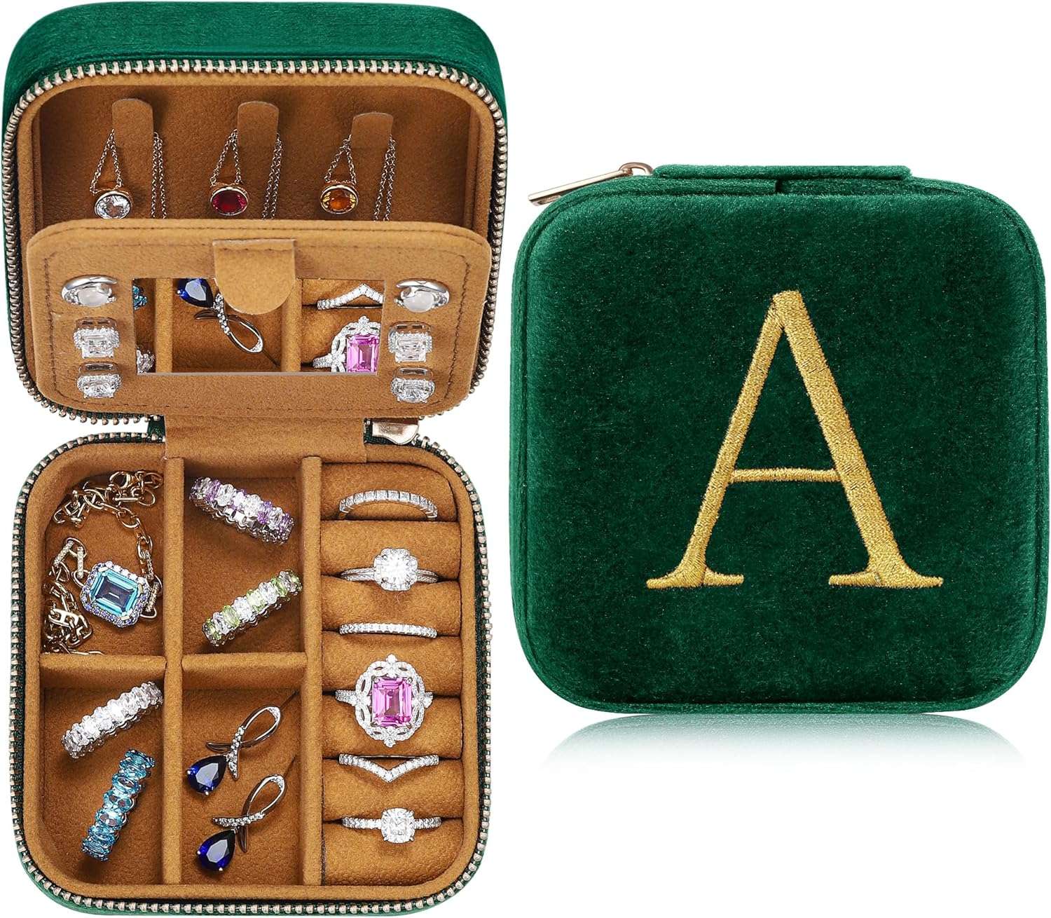 Parima Gifts for Her - Gifts for Women, Plush Velvet Travel Jewelry Case, Small Jewelry Box, Birthday Gift for Women Her, Personalized Gifts - Letter A, Green - 1