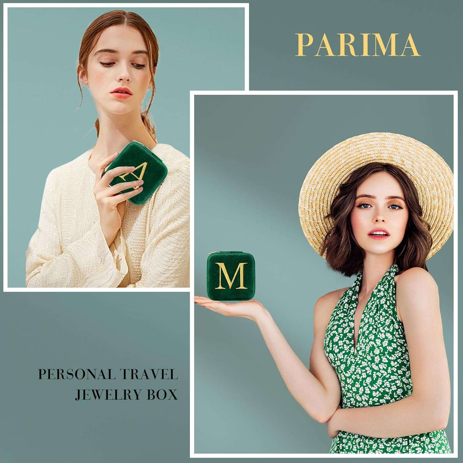 Parima Gifts for Her - Gifts for Women, Plush Velvet Travel Jewelry Case, Small Jewelry Box, Birthday Gift for Women Her, Personalized Gifts - Letter A, Green - 2