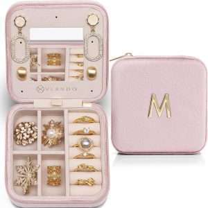 Vlando First Mothers day Gifts for New Mom, M Initial Travel Jewelry Case, Small Jewelry Travel Case, Personalized Travel Mini Jewelry Case, Birthday Gifts for Women Mom Grandma - Letter M, Pink - 1