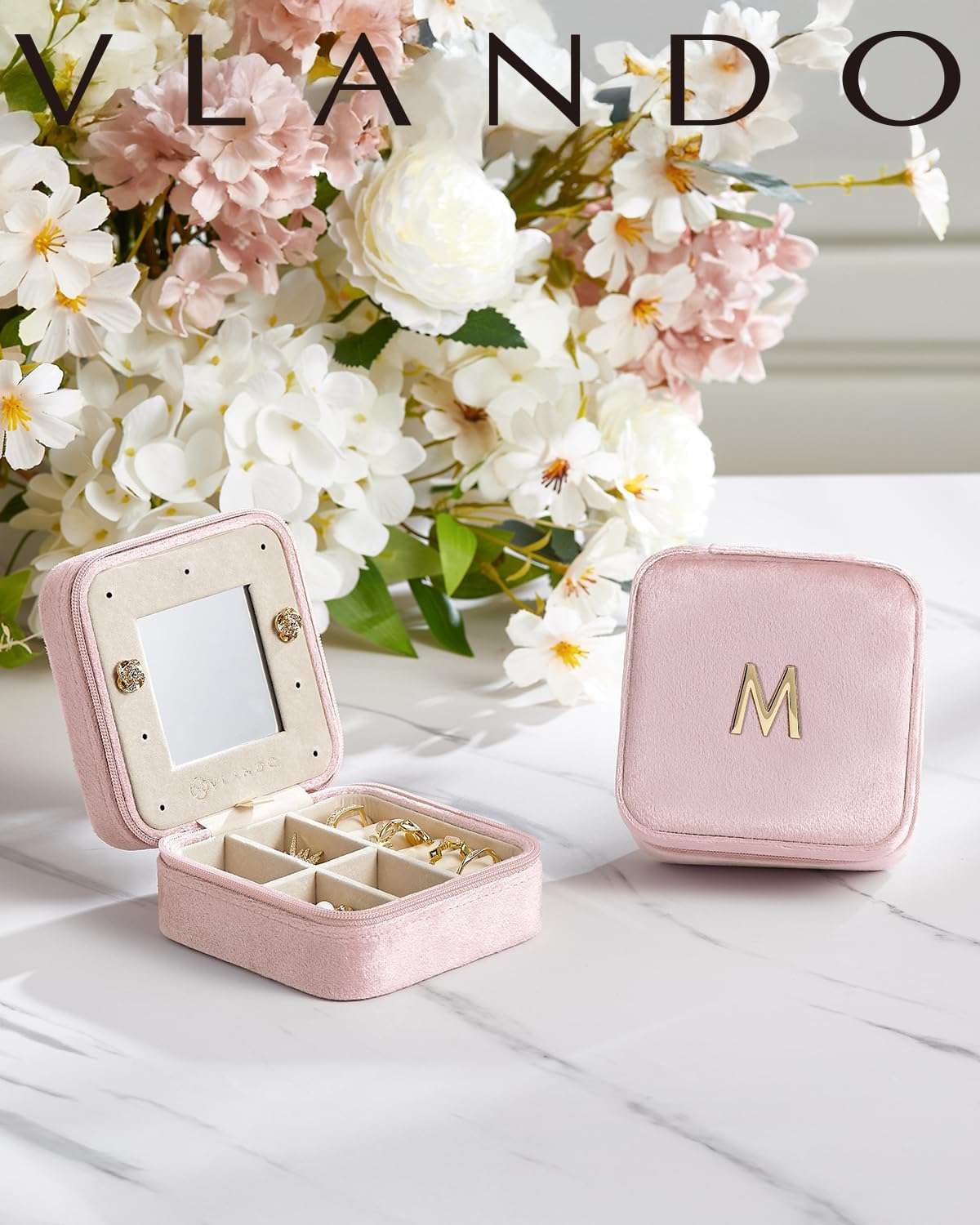 Vlando First Mothers day Gifts for New Mom, M Initial Travel Jewelry Case, Small Jewelry Travel Case, Personalized Travel Mini Jewelry Case, Birthday Gifts for Women Mom Grandma - Letter M, Pink - 2