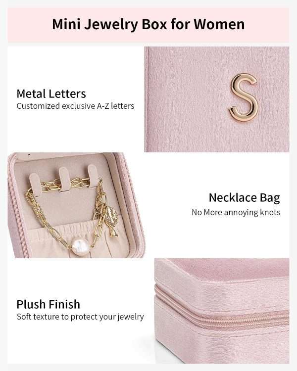 Vlando First Mothers day Gifts for New Mom, M Initial Travel Jewelry Case, Small Jewelry Travel Case, Personalized Travel Mini Jewelry Case, Birthday Gifts for Women Mom Grandma - Letter M, Pink - 3