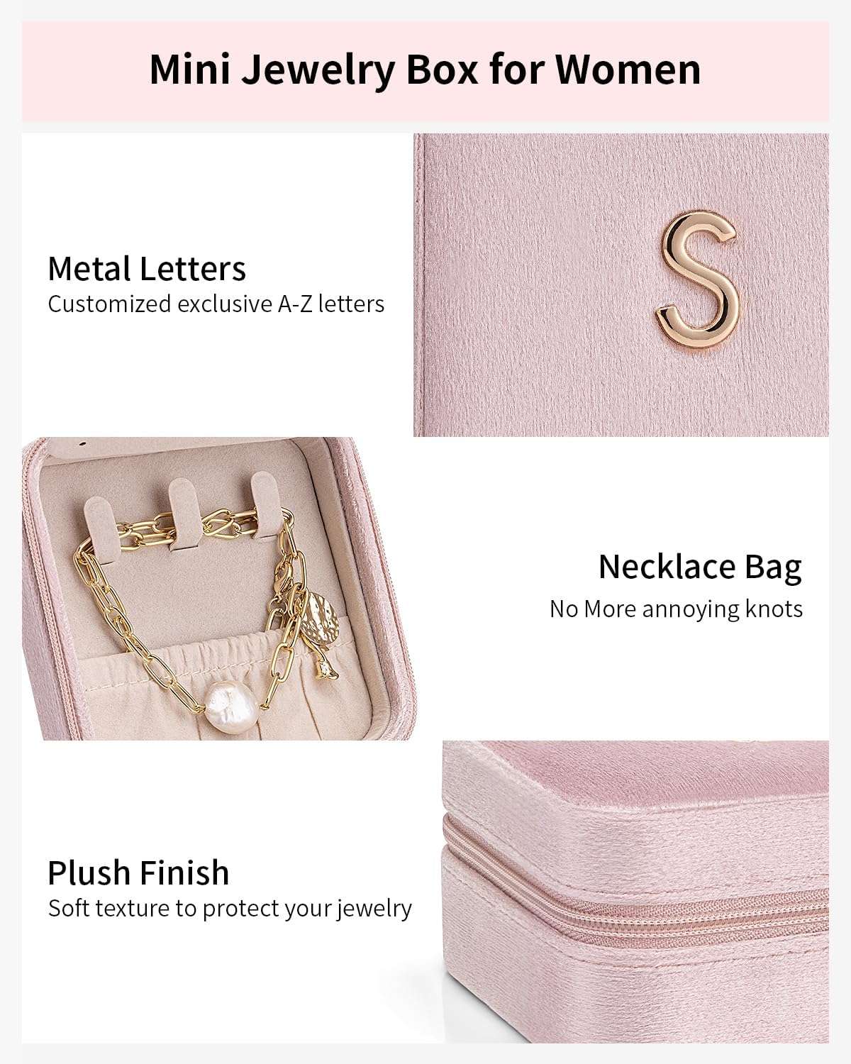 Vlando First Mothers day Gifts for New Mom, M Initial Travel Jewelry Case, Small Jewelry Travel Case, Personalized Travel Mini Jewelry Case, Birthday Gifts for Women Mom Grandma - Letter M, Pink - 3