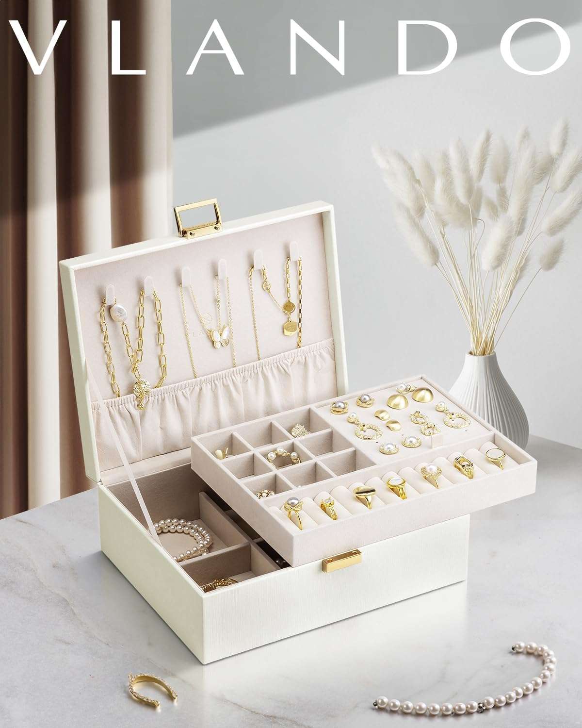 Vlando Graduation Gifts,2 Layer Jewelry Box, Teacher Gifts,Large Jewelry Organizer for Women Removable Jewelery Tray for Necklace Earrings Rings Bracelets - 3