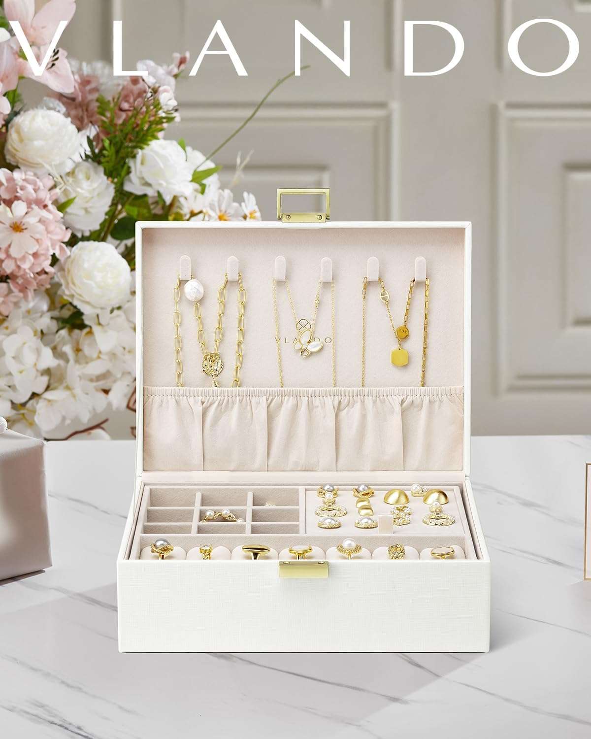 Vlando Graduation Gifts,2 Layer Jewelry Box, Teacher Gifts,Large Jewelry Organizer for Women Removable Jewelery Tray for Necklace Earrings Rings Bracelets - 4