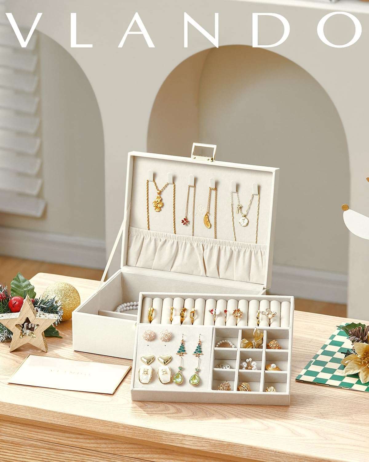 Vlando Graduation Gifts,2 Layer Jewelry Box, Teacher Gifts,Large Jewelry Organizer for Women Removable Jewelery Tray for Necklace Earrings Rings Bracelets - 8