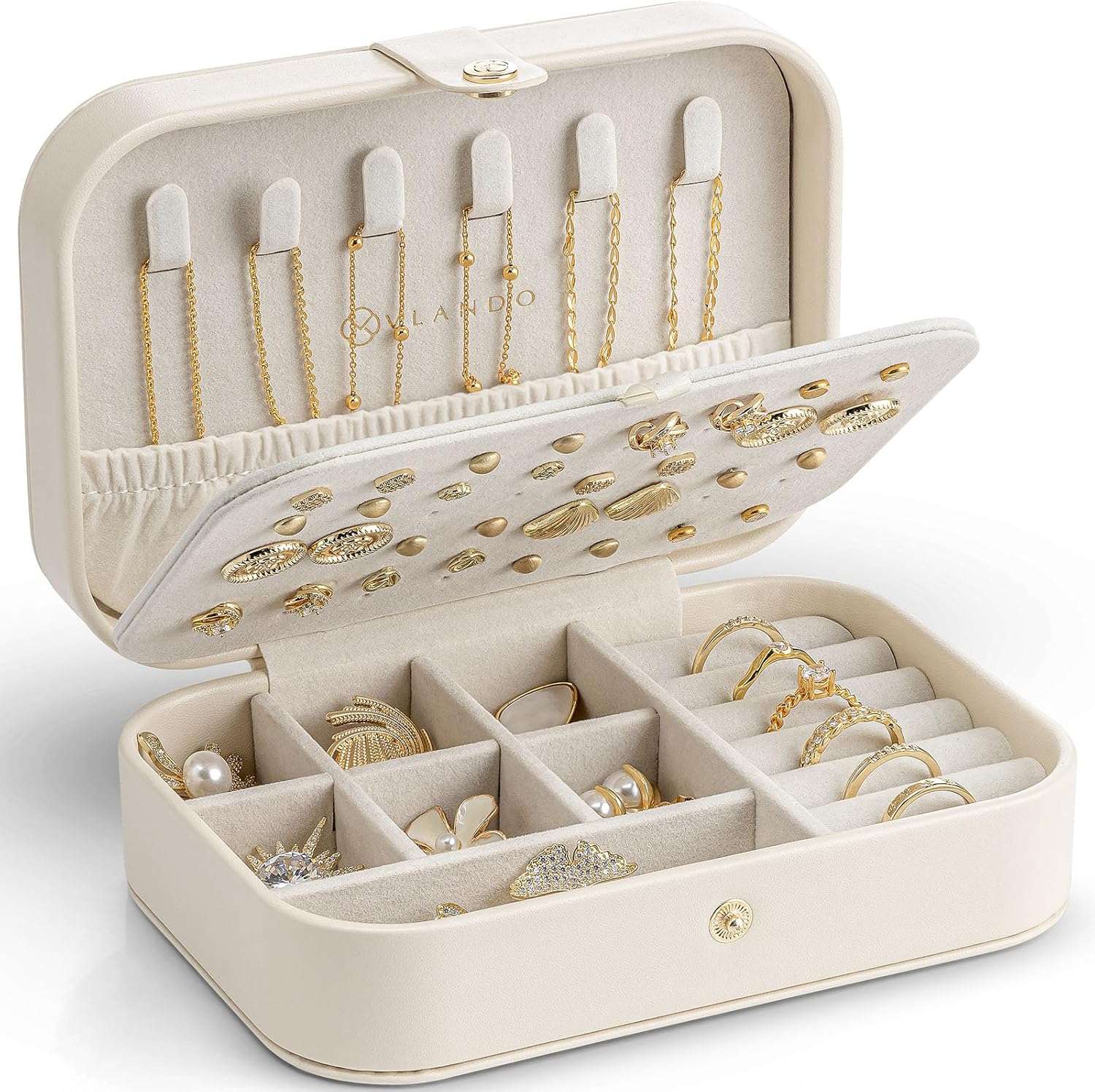 Vlando Travel Jewelry Case for Women Girls Mothers, PU Leather Portable Small Jewelry Box for Rings, Necklaces, Bracelets, Earring Holder Organizer Storage for Travel Gifts Graduation Gifts - Beige - 1