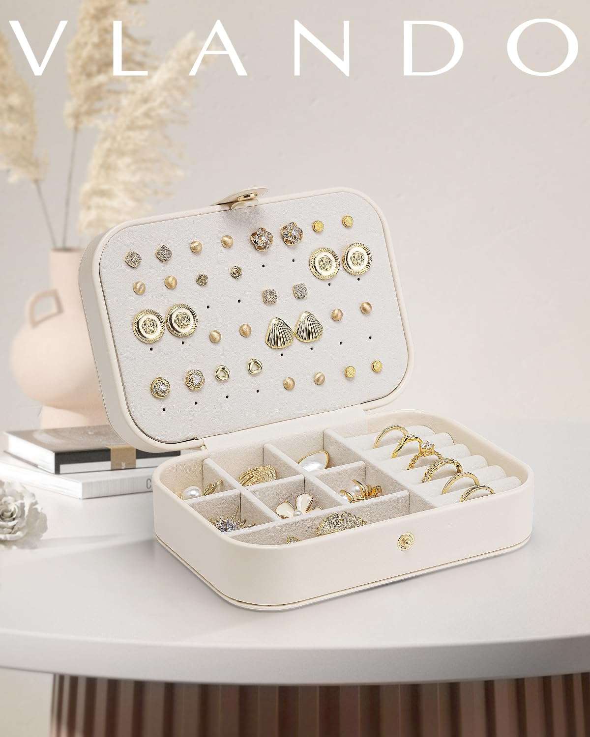 Vlando Travel Jewelry Case for Women Girls Mothers, PU Leather Portable Small Jewelry Box for Rings, Necklaces, Bracelets, Earring Holder Organizer Storage for Travel Gifts Graduation Gifts - Beige - 2