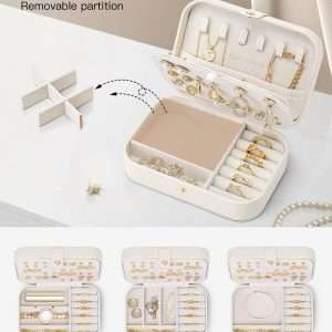 Vlando Travel Jewelry Case for Women Girls Mothers, PU Leather Portable Small Jewelry Box for Rings, Necklaces, Bracelets, Earring Holder Organizer Storage for Travel Gifts Graduation Gifts - Beige - 4