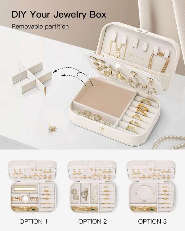 Vlando Travel Jewelry Case for Women Girls Mothers, PU Leather Portable Small Jewelry Box for Rings, Necklaces, Bracelets, Earring Holder Organizer Storage for Travel Gifts Graduation Gifts - Beige - 4