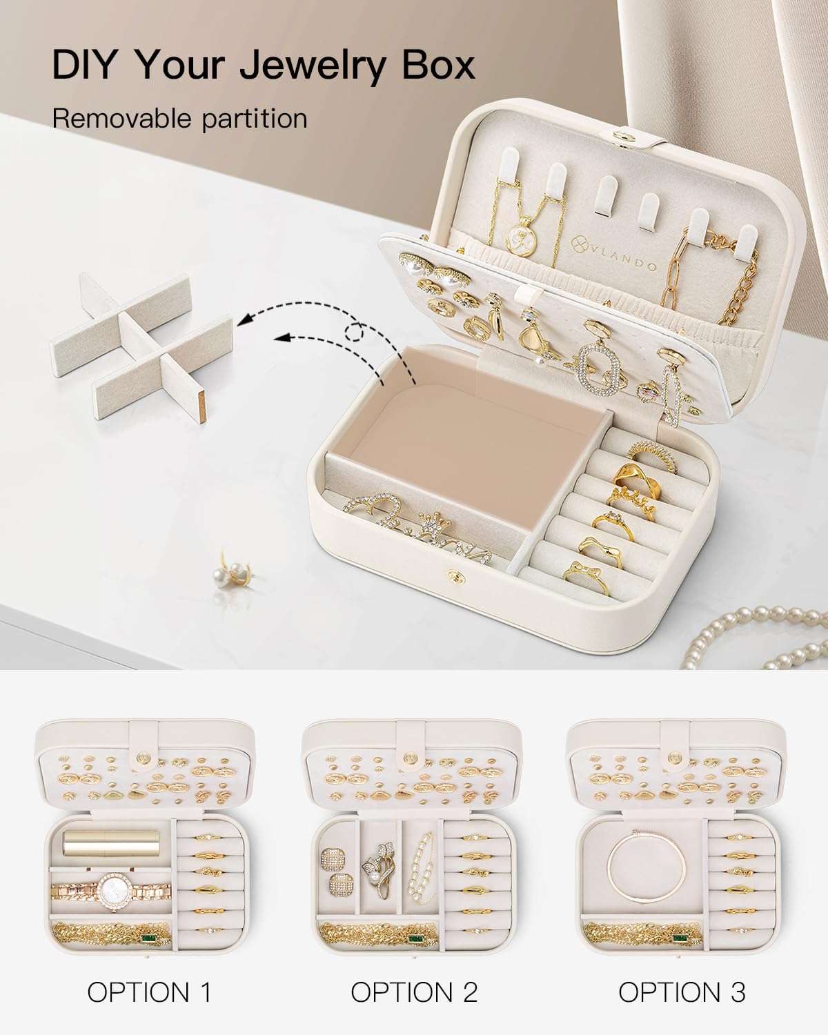 Vlando Travel Jewelry Case for Women Girls Mothers, PU Leather Portable Small Jewelry Box for Rings, Necklaces, Bracelets, Earring Holder Organizer Storage for Travel Gifts Graduation Gifts - Beige - 4