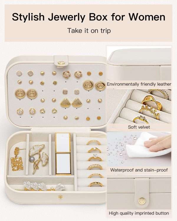 Vlando Travel Jewelry Case for Women Girls Mothers, PU Leather Portable Small Jewelry Box for Rings, Necklaces, Bracelets, Earring Holder Organizer Storage for Travel Gifts Graduation Gifts - Beige - 5